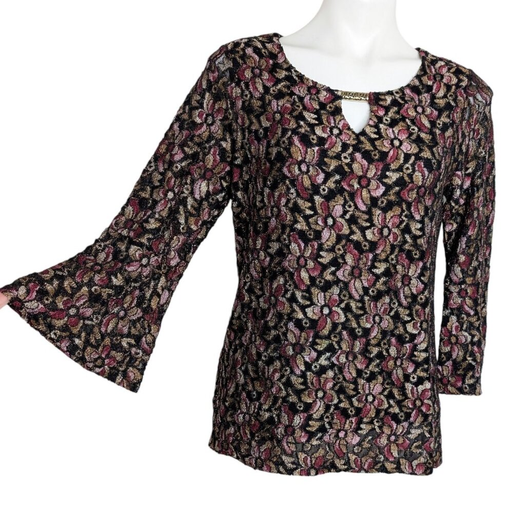 Y2k Black Pink Floral Textured Keyhole Front Gold Metal Detail Bell Sleeve Top